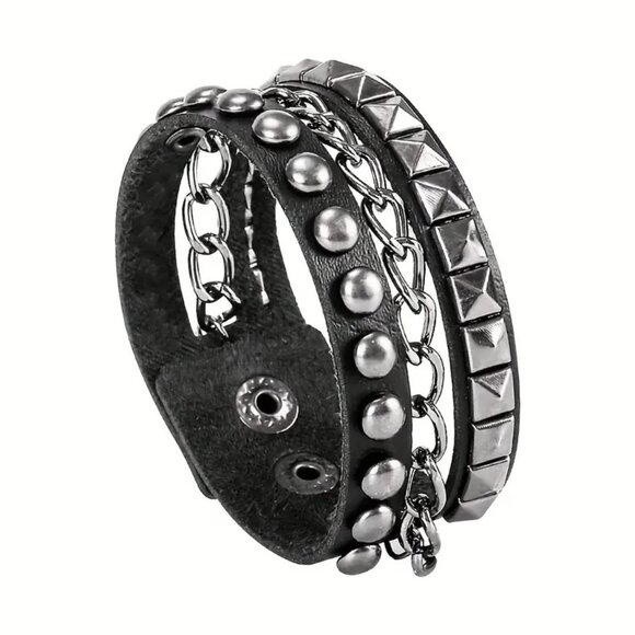 Leather Punk Stud & Chain Cuff Bracelet Rivet Wrist Bangle Goth Edgy Rock - Picture 1 of 5